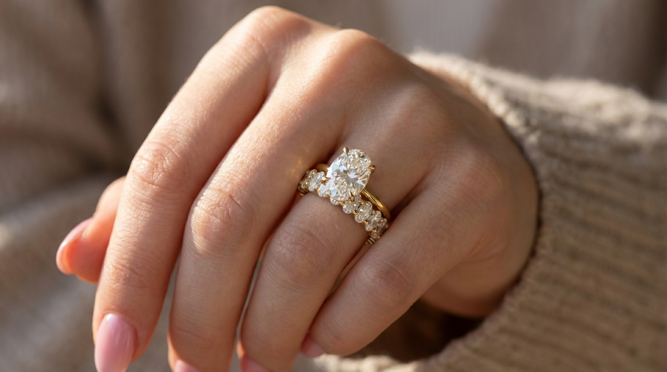 Isabella: an oval solitaire and an oval eternity band.