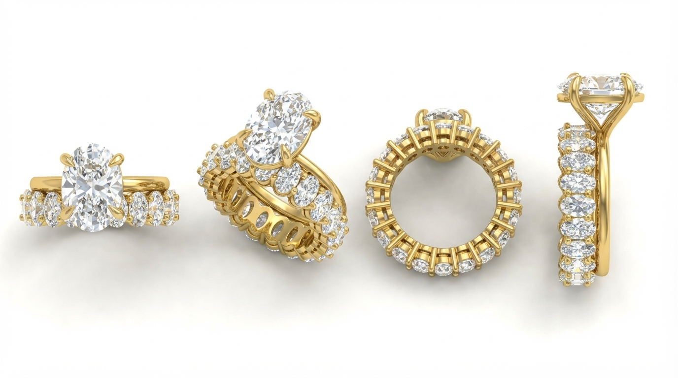 Rendered CAD for Isabella: an oval solitaire and an oval eternity band.